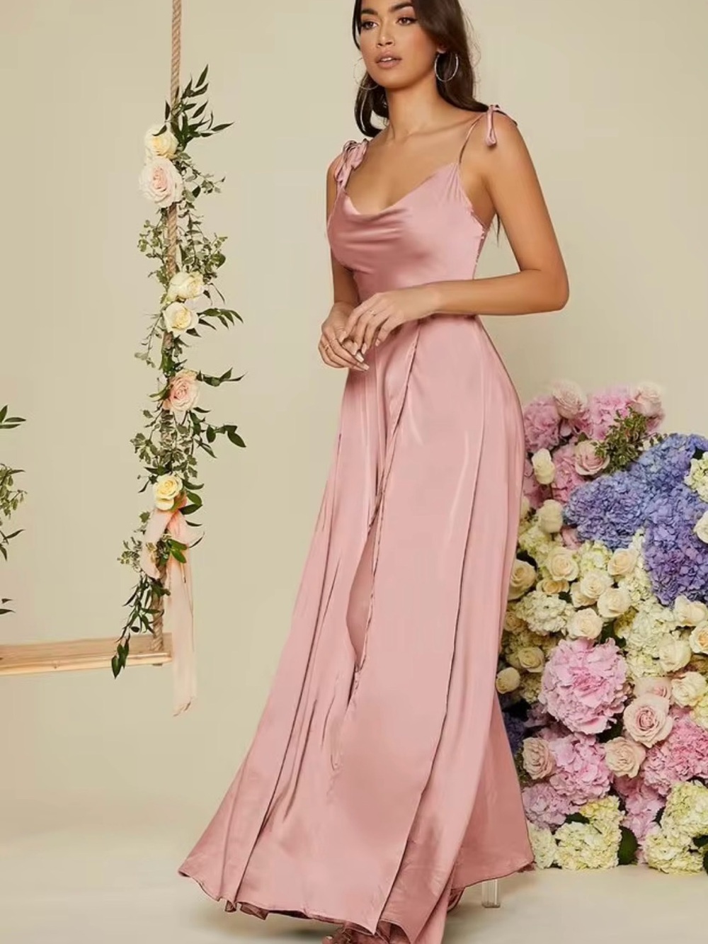 Satin Cowl-Neck Tie-Shoulder Maxi Dress in Rose Light Pink